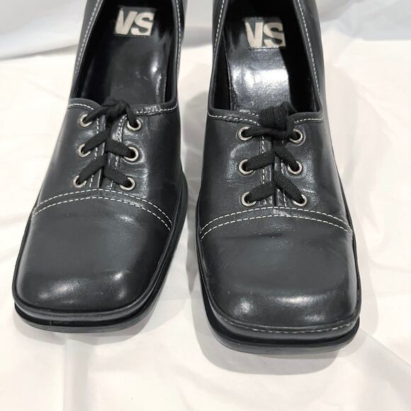Vintage 90s Lace Up Oxford Size 8.5 Black Leather Square Toe Heels VS Macbeth - Picture 3 of 15